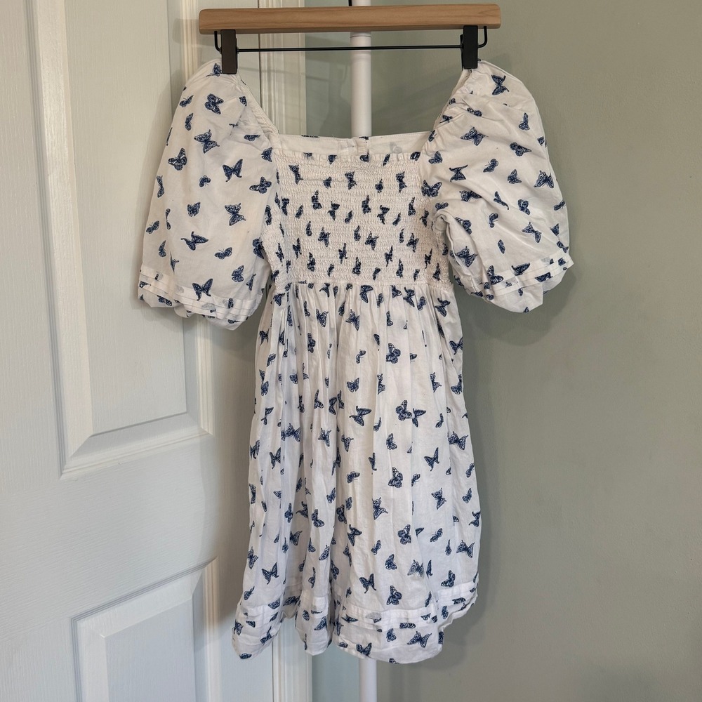 Janie and Jack Girls Butterfly Print Smocked Dress Puff Sleeve White Blue Sz 12